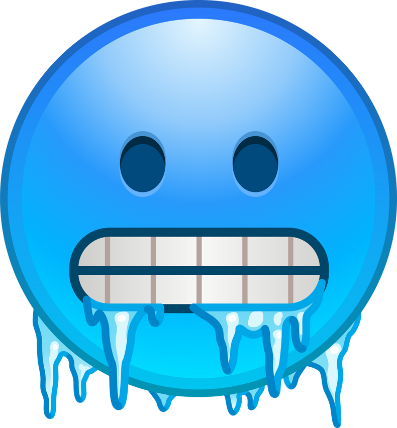 Cold emoji. Freezing emoticon, icy blue face with gritted teeth, icicles and snow cap